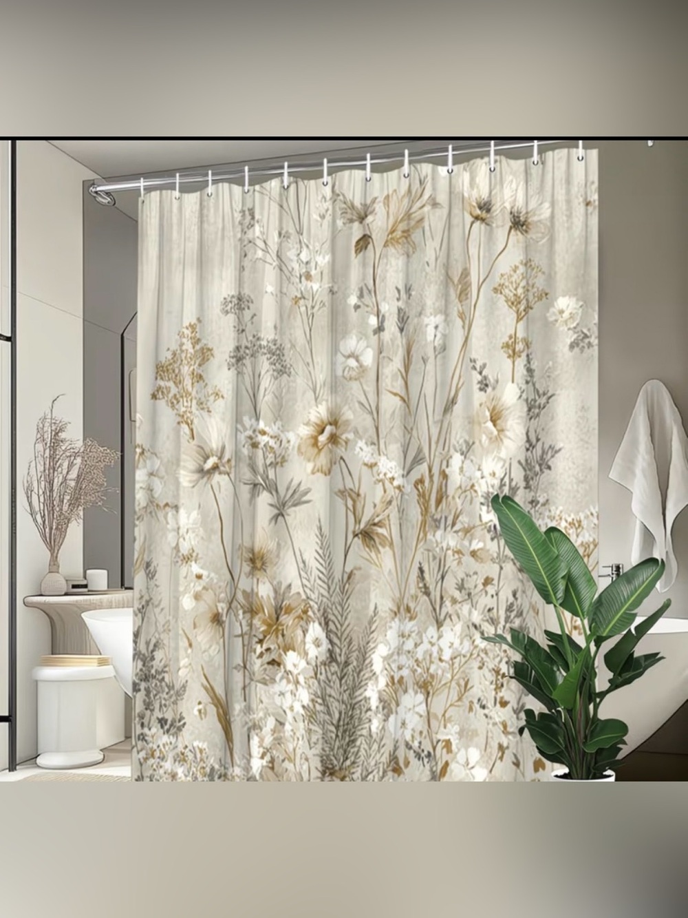 Neutral Botanical Shower Curtain with Beige Floral Print